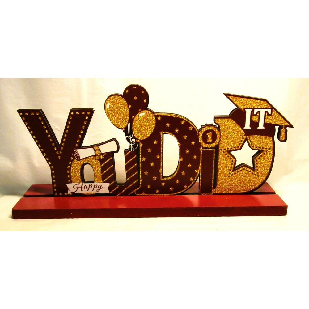 Artist Made Wood “YOU DID IT” Graduation Plaque Burgundy & Gold 4x8 Inches